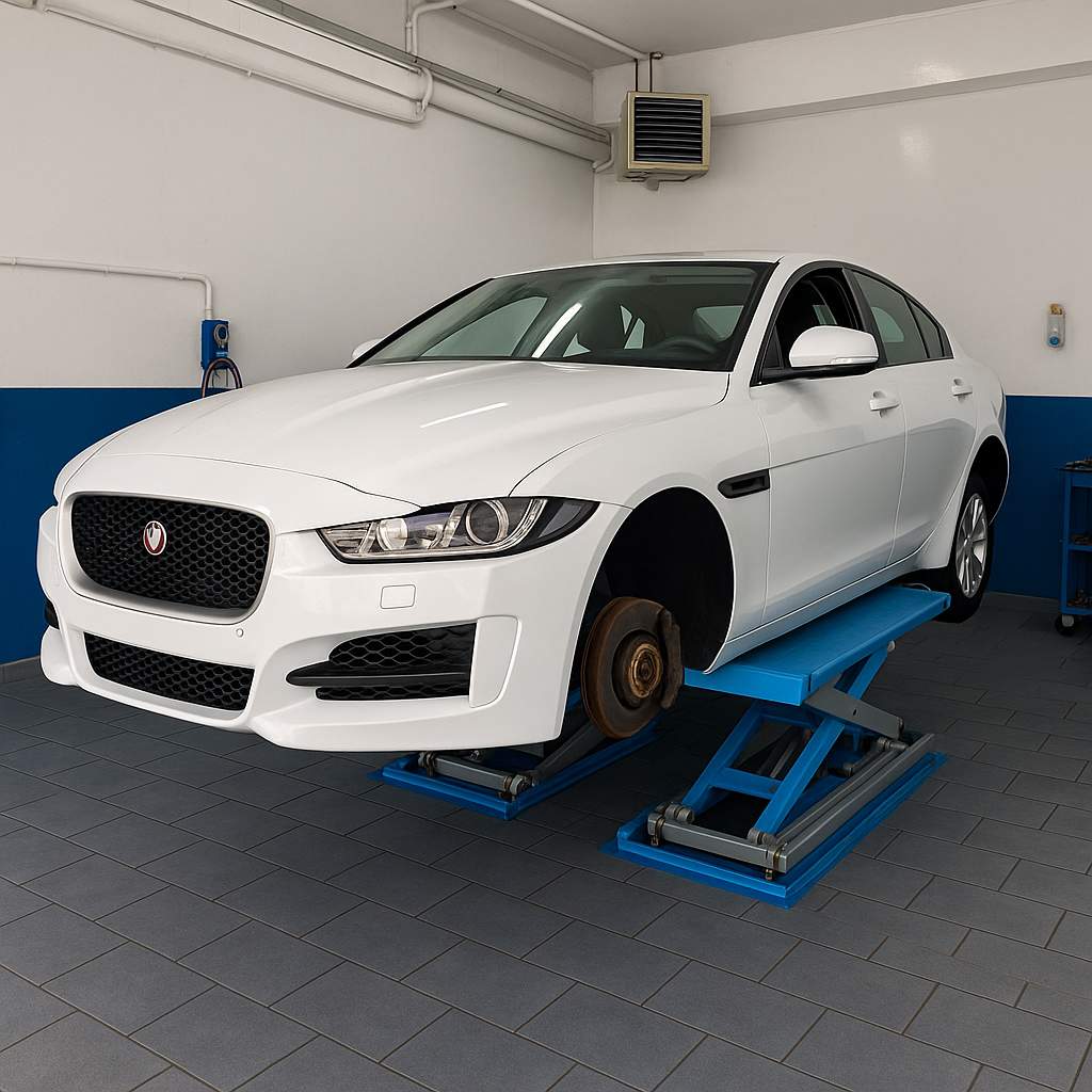 Un'auto su un ponte in officina meccanica.